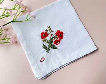 Personalized Embroidered Poppy Flower Handkerchiefs, Linen Embroidered Handkerchief, Hand Embroidered, Wedding Handkerchief,Wedding Gift