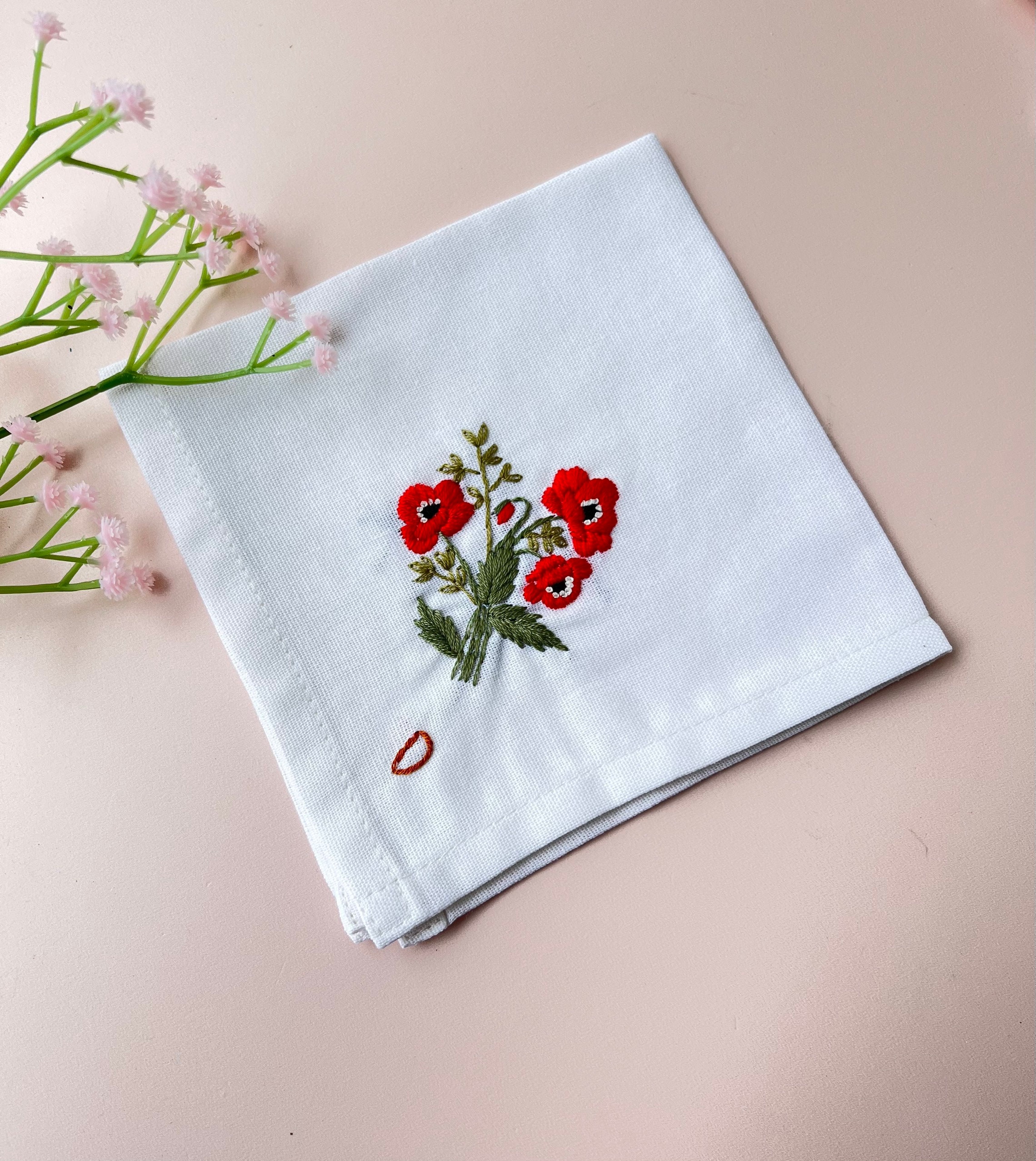 Personalized Embroidered Poppy Flower Handkerchiefs, Linen Personalized Embroidered Poppy Flower Handkerchiefs, Linen
