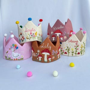 Custom Hand Embroidered Linen Crown, Baby Birthday Crown, Kids Crow, Personalized Gift, First Birthday Gift, Flower And Name Crowns