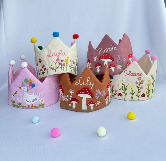 Custom Hand Embroidered Linen Crown, Baby Birthday Crown, Kids Crow, Personalized Gift, First Birthday Gift, Flower And Name Crowns