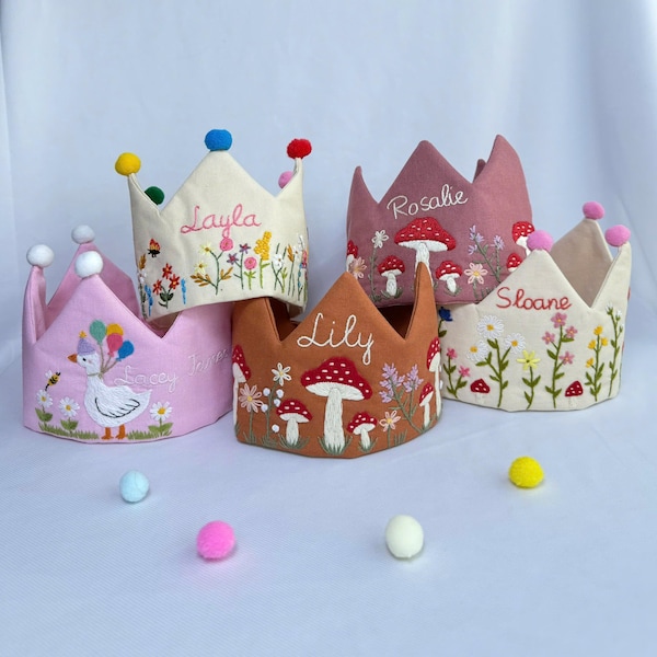 Custom Hand Embroidered Linen Crown, Baby Birthday Crown, Kids Crow, Personalized Gift, First Birthday Gift, Flower And Name Crowns