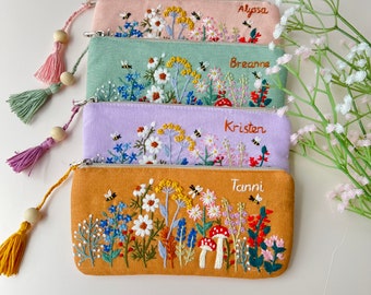 Personalized Hand Embroidered Pencil Case, Mushroom Linen Pouch, Handmade Makeup Bag, Bridesmaid Gift, Linen Coin Purse, Wild Flower Pouch