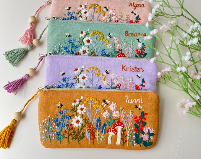 Personalized Hand Embroidered Pencil Case, Mushroom Linen Pouch, Handmade Makeup Bag, Bridesmaid Gift, Linen Coin Purse, Wild Flower Pouch