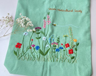 Flower Garden Embroidered Tote Bag With Zipper And Pocket, Wild Flower Tote Bag, Hand Embroidered Tote, Personalised Bag, Shopping Bag