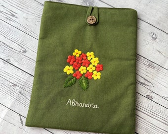 Custom Embroidered Book Sleeve, West Indian Lantana Flower Book Cover, Fabric Book Sleeve, Padded Book Sleeve, Personalized iPad Case,