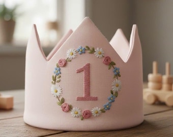 Benutzerdefinierte Hand bestickte Leinen Krone, Baby erste Geburtstagskrone, benutzerdefinierte Nummer Geburtstagskrone, personalisiertes Geschenk, erste Geburtstagsgeschenk