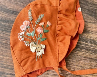 Vintage Hand Embroidered Linen Baby Bonnet, Custom Bonnet, Rose Bonnet, Personalized Embroidered Bonnet, Baby Sunbonnet, Neutral Baby Gift