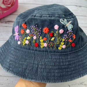 Custom Hand Embroidery Floral Garden With Dragonfly Bucket Hat, Daisy Embroidered Bucket, Wash Cotton Hat, Handmade Hat, Hat For Women