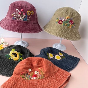 Custom Hand Embroidery Floral Bucket Hat, Daisy Embroidered Bucket, Wash Cotton Hat, Handmade Summer Hat, Hat For Women, Custom Bucket Hat image 2
