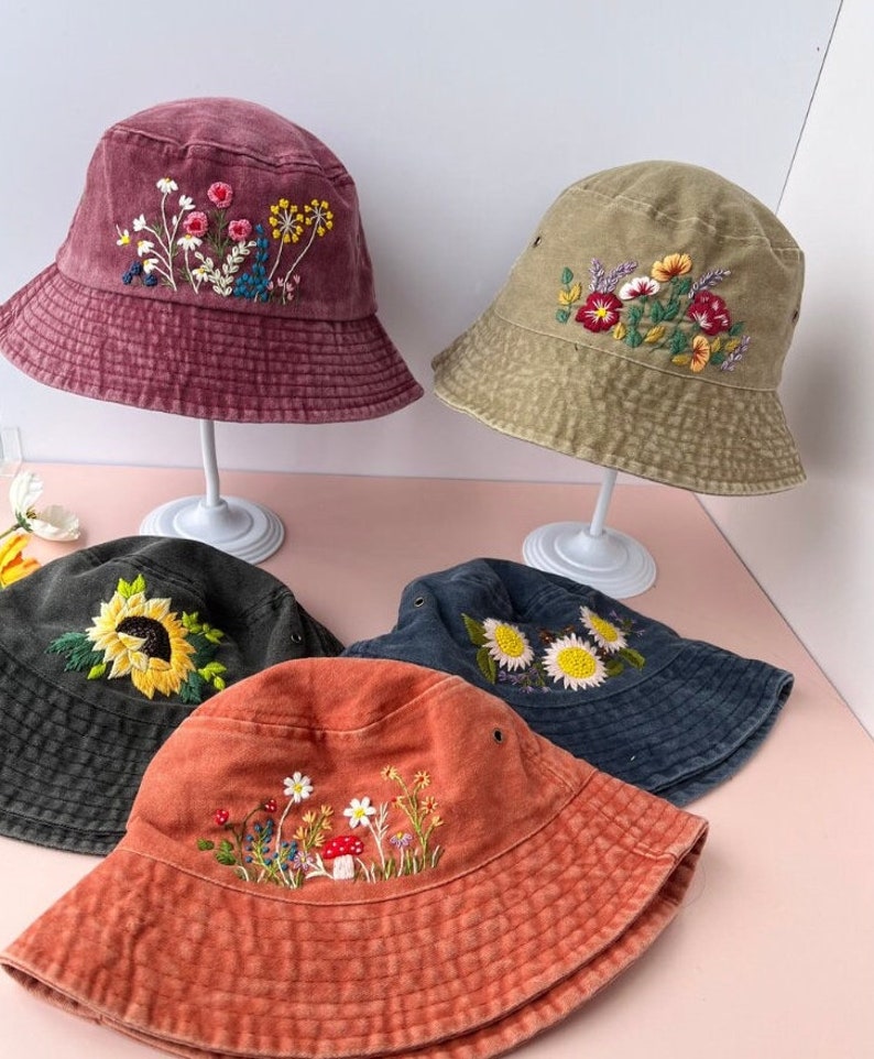 Custom Hand Embroidery Floral Bucket Hat, Daisy Embroidered Bucket, Wash Cotton Hat, Handmade Summer Hat, Hat For Women, Custom Bucket Hat image 2