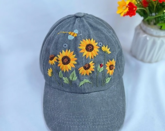Sunflower And Bee Hand Embroidered Baseball Cap, Wash Cotton Hat, Handmade Embroidered Denim Cap, Hat For Women, Summer Hat, Flower Hat