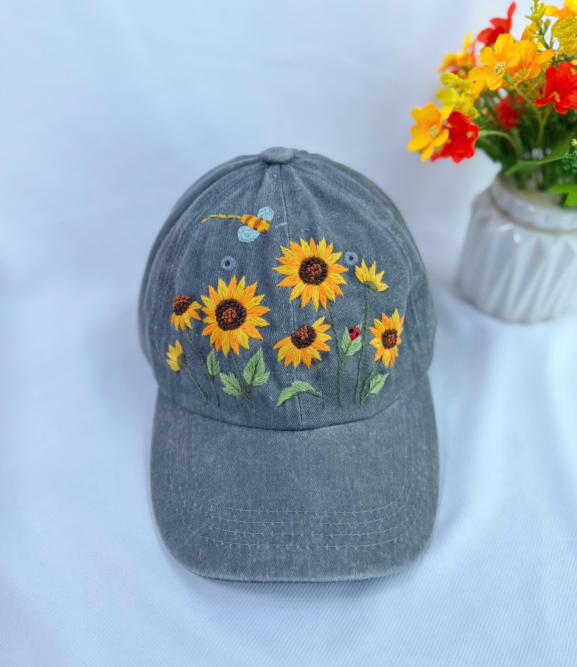 Sunflower and Bee Hand Embroidered Baseball Cap, Wash Cotton  display picture 2