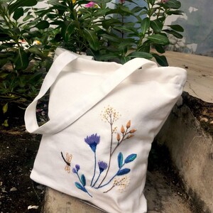 Blue Flowers And Dragonfly Embroidered Linen Tote Bag With Zipper And Pocket, Wild Flower Tote Bag, Hand Embroidered Tote, Personalised Bag image 2