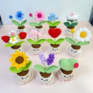 May include: A collection of handmade crochet flower pots, each with a unique flower design. The flowers are in various colors, including blue, pink, white, and yellow. The pots have smiling faces and are white with brown soil.