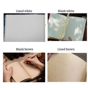 Pode incluir: Uma grade de quatro partes mostrando op&ccedil;&otilde;es de papel para caderno: no topo &agrave; esquerda papel branco pautado, no topo &agrave; direita papel branco sem pauta, embaixo &agrave; esquerda papel castanho sem pauta e embaixo &agrave; direita papel castanho pautado.