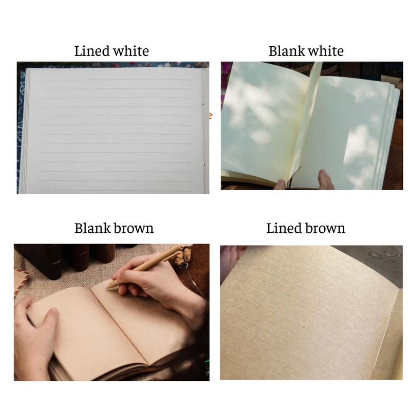 Pode incluir: Uma grade de quatro partes mostrando op&ccedil;&otilde;es de papel para caderno: no topo &agrave; esquerda papel branco pautado, no topo &agrave; direita papel branco sem pauta, embaixo &agrave; esquerda papel castanho sem pauta e embaixo &agrave; direita papel castanho pautado.