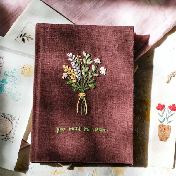 Hand Embroidered Journal Notebook A6 A5, Photo Album, Fabric Hard cover Notebook,Daisy Journal,Handmade Notebook,Custom Personalized Journal