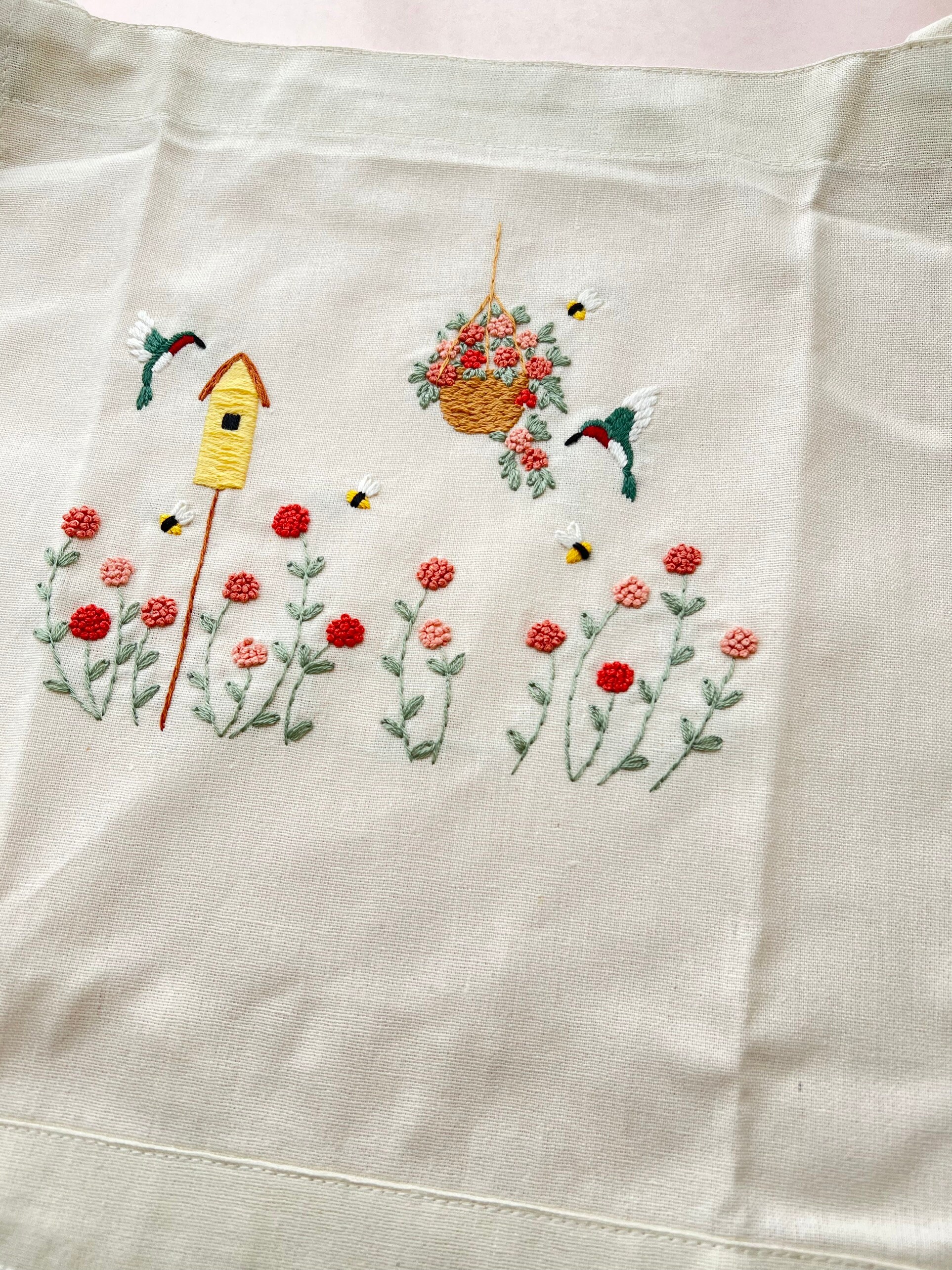 花と鳥の巣の手刺繍エプロン女性用、花刺繍エプロン、リネンエプロン