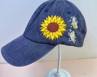 Sunflower Hand Embroidered Baseball Cap, Wash Cotton Hat, Handmade Embroidered Denim Cap, Hat For Women, Summer Hat, Flower Hat