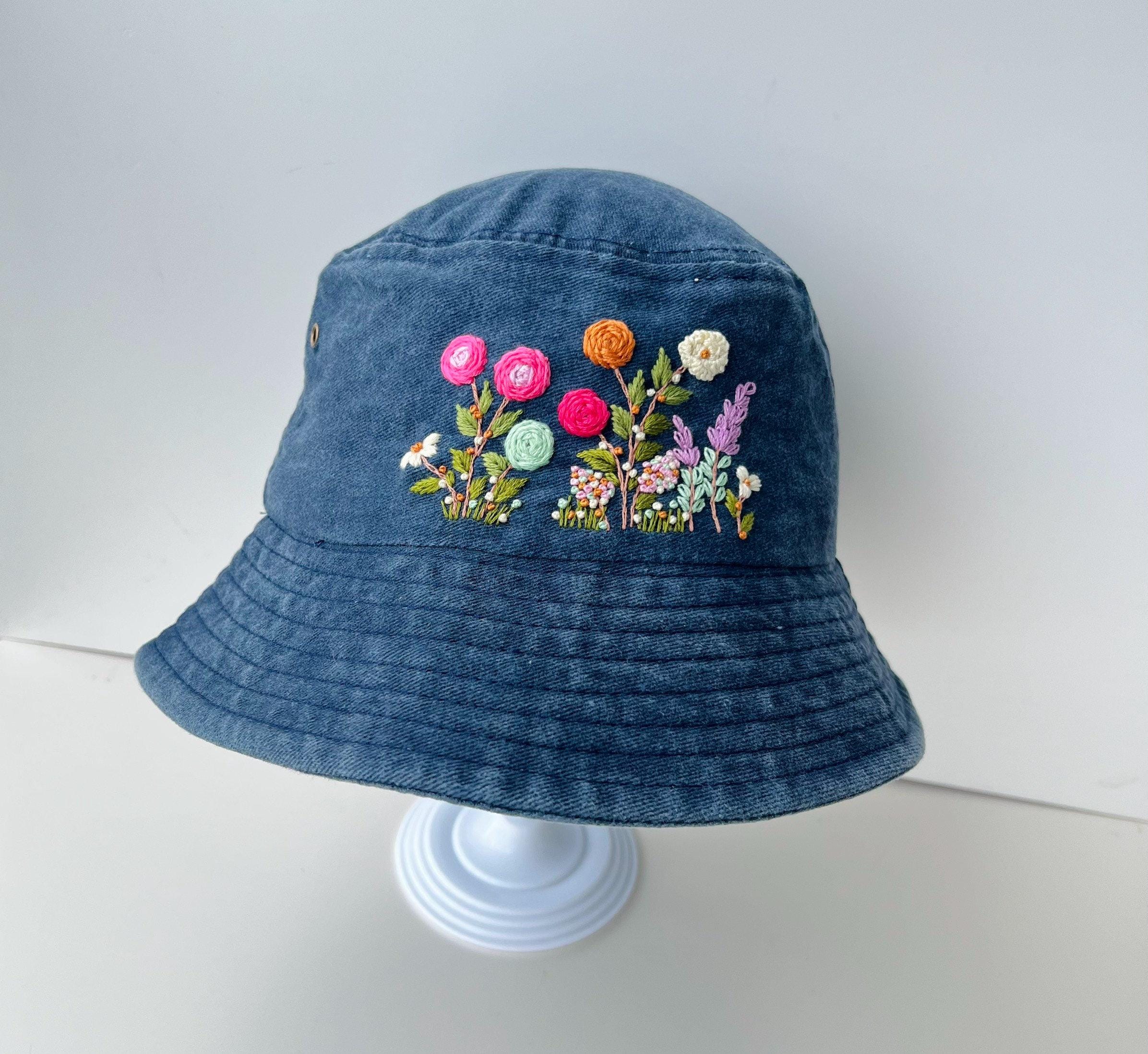 Custom Hand Embroidery Flower Bucket Hat, Rose Embroidered