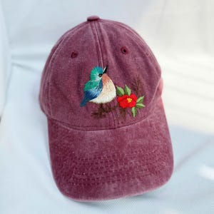 Bird And Flowers Embroidered Baseball Cap, Daisy Hand Embroidered Baseball Cap, Wash Cotton Hat, Embroidered Denim Cap, Summer Hat