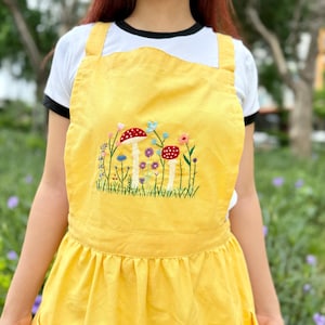 Mushroom Hand Embroidered Apron Women, Personalized Apron, Custom Apron, Linen Apron, Gardening Apron, Kitchen Apron, Wild Flower Apron