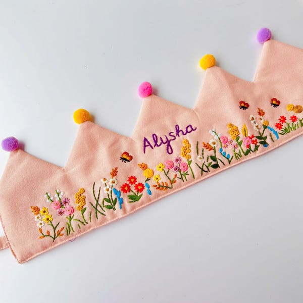 Custom Hand Embroidered Linen Crown, Baby Birthday Crown, Kids Crow, Personalized Gift, First Birthday Gift, Flower And Name Crowns