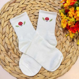 Custom Hand Embroidered Cotton Socks, One Pair Of Socks, Flower And Name Embroidery Socks,Personalized Socks,Mushroom Sock,Women Cute Socks