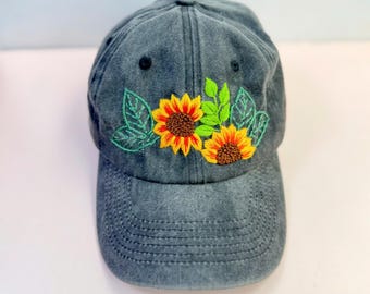Sunflower Hand Embroidered Baseball Cap, Wash Cotton Hat, Handmade Embroidered Denim Cap, Hat For Women, Summer Hat, Flower Hat