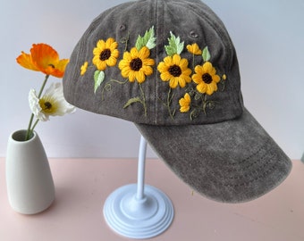 Sunflower Hand Embroidered Baseball Cap, Wash Cotton Hat, Handmade Embroidered Denim Cap, Hat For Women, Summer Hat, Flower Hat
