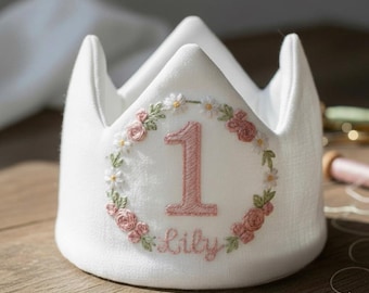 Benutzerdefinierte Hand bestickte Leinen Krone, Baby erste Geburtstagskrone, benutzerdefinierte Nummer Geburtstagskrone, personalisiertes Geschenk, erste Geburtstagsgeschenk
