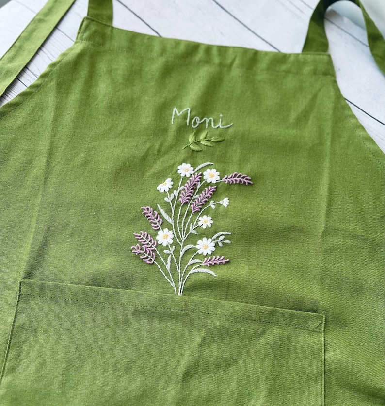 Personalized Embroidered Apron For Women, Hand-Embroidered Apron, Linen Cotton Apron, Flower Embroidery Linen Apron, Custom Apron image 1