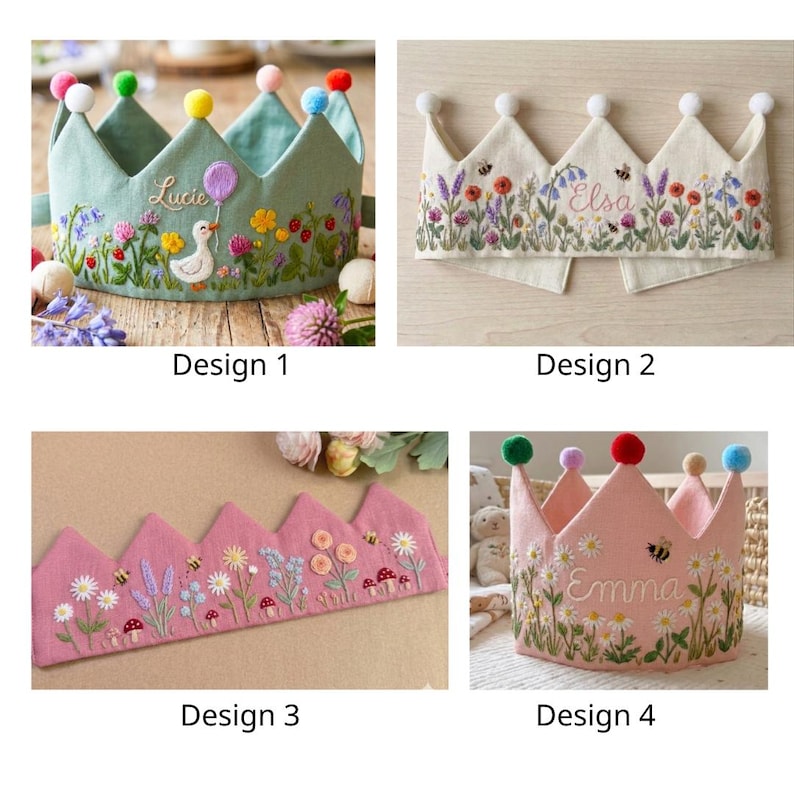 Custom Hand Embroidered Linen Crown, Baby Birthday Crown, Kids Crow, Personalized Gift, First Birthday Gift, Flower And Name Crowns image 11