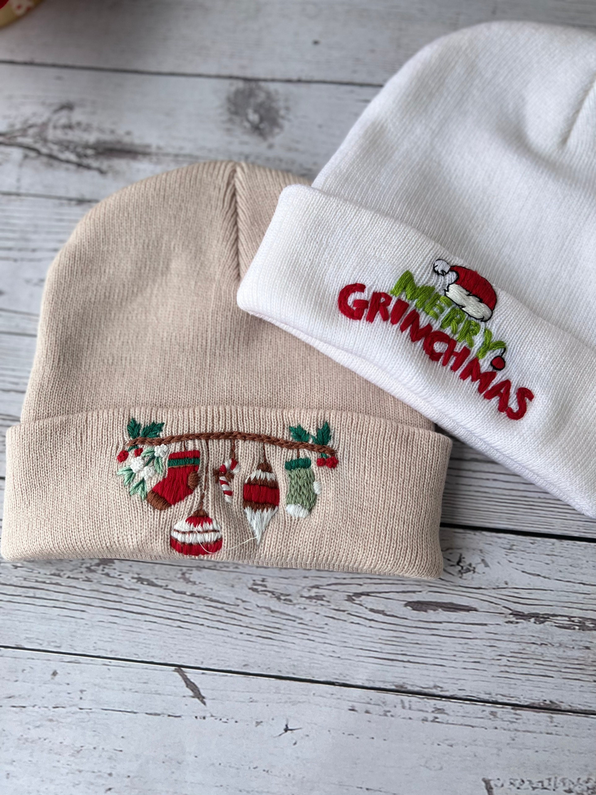 Hand Embroidered Beanie - Christmas Beanie, Boho Beanie, Winter Hat, Christmas Gift, New Year Gift, Christmas tree, Snow flake