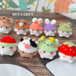 Cute Soft Mushroom Keychain, Buy 3 Get 1, Crochet Mushroom Wear Hat, Cute Crochet keychain, Cute Gift, Fun Keyring, Mushroom Themed Animal.