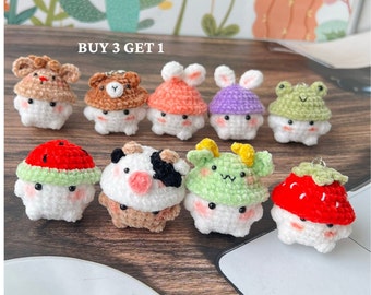 Cute Soft Mushroom Keychain, Buy 3 Get 1, Crochet Mushroom Wear Hat, Cute Crochet keychain, Cute Gift, Fun Keyring, Mushroom Themed Animal.