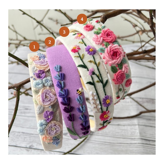 Floral Embroidered Purple Headband Black Wide Headband With Purple Flower Embroidery – QuinceFables main image 4