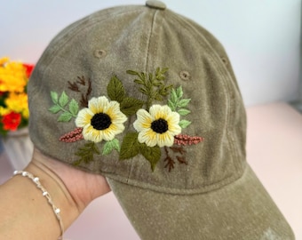 Custom Floral Hand Embroidered Baseball Cap, Daisy Embroidered Hat,Wash Cotton Hat,Personalized Embroidered Cap,Women Hat,Summer Hat