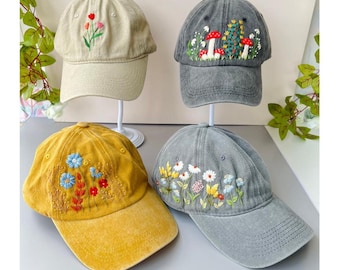 Custom Floral Baseball Cap, Daisy Hand Embroidered Baseball Cap, Wash Cotton Hat, Embroidered Denim Cap, Hat For Women, Summer Hat, Daiy Hat
