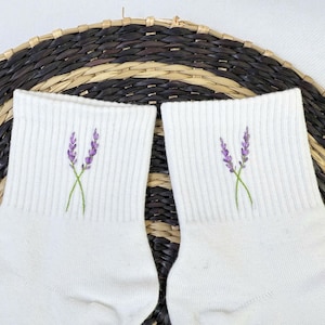 Custom Hand Embroidered Cotton Socks, One Pair Of Socks, Lavender Embroidery Socks, Personalized Socks, Cute Socks