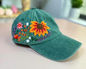 Custom Hand Embroidery Floral Hat, Orange Flower Embroidered Cap, Wash Cotton Hat, Embroidered Denim Cap,Hat For Women, Women Summer Hat