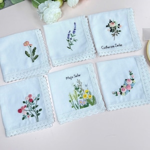Custom Hand Embroidered Handkerchiefs, Personalized Linen Embroidered Handkerchief With Lace Edge, Wild Flower Handkerchief, Wedding Gift