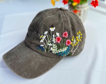 Custom Floral Hand Embroidered Baseball Cap, Rose Embroidered Hat, Wash Cotton Hat, Personalized Embroidered Denim Cap, Women Hat,Summer Hat