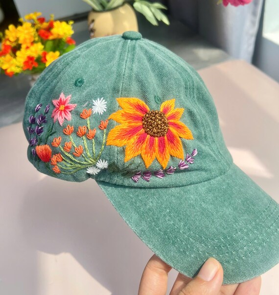 Custom Hand Embroidery Floral Hat, Orange Flower Embroidered Cap