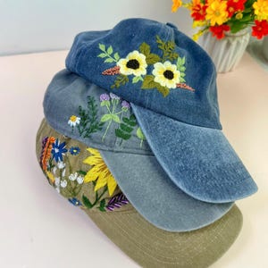 Custom Floral Baseball Cap, Daisy Hand Embroidered Baseball Cap, Wash Cotton Hat, Embroidered Denim Cap, Hat For Women, Summer Hat, Daiy Hat