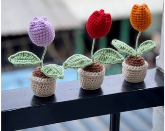 Mini Handmade Flower Pot, Buy 3 Get 1, Crochet flower In The Pot, Crochet Tulip, Crochet Heart, Handmade Knitted SunFlower, Home Decor