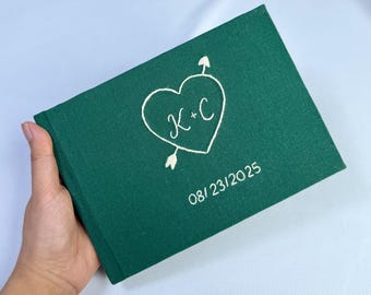 Custom Hand Embroidered Guest Book, Photo Album, Heart Arrow Design, Linen Wedding Guest Book, Memory Book, Handmade Fabric Notebook