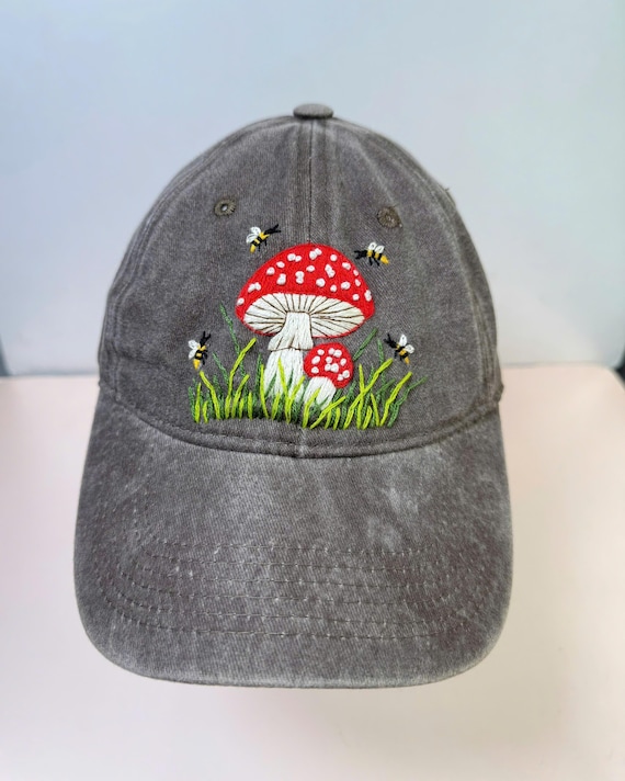 Mushroom and Bee Embroidered Baseball Cap, Daisy Hand 