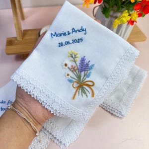Custom Hand Embroidered Handkerchiefs, Personalized Linen Embroidered Handkerchief With Lace Edge, Wild Flower Handkerchief, Wedding Gift