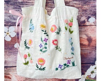 Drawstring Floral Embroidered Linen Tote Bag, Shoulder Bag, Daisy Tote Bag, Hand Embroidered Tote, Personalised Bag, Shopping Bag